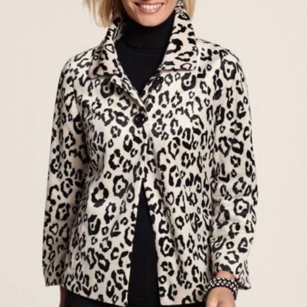 Chico's Mob Wife Leopard Print Faux Fur Jacket S ‎ Animal Modern Statement Bold